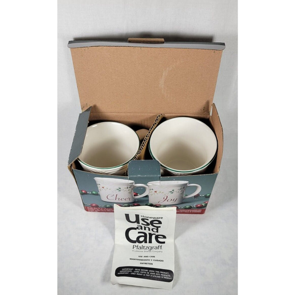 2 Pfaltzgraff Winterberry Coffee Mugs Christmas Cheer Joy Stoneware 12 Oz NEW - Picture 4 of 11